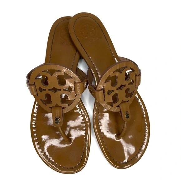 ❎ SOLD Tory Burch Miller Sandals Patent Leather Tan Brown Size 9 - Picture 2 of 14